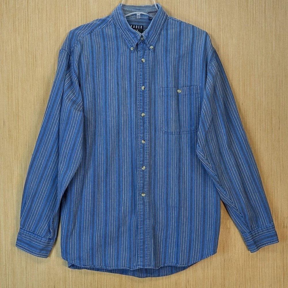 Trader Bay Shirt Mens Large Striped Button Down Blue‎ Vtg 90s Baggy Retro Cotton
